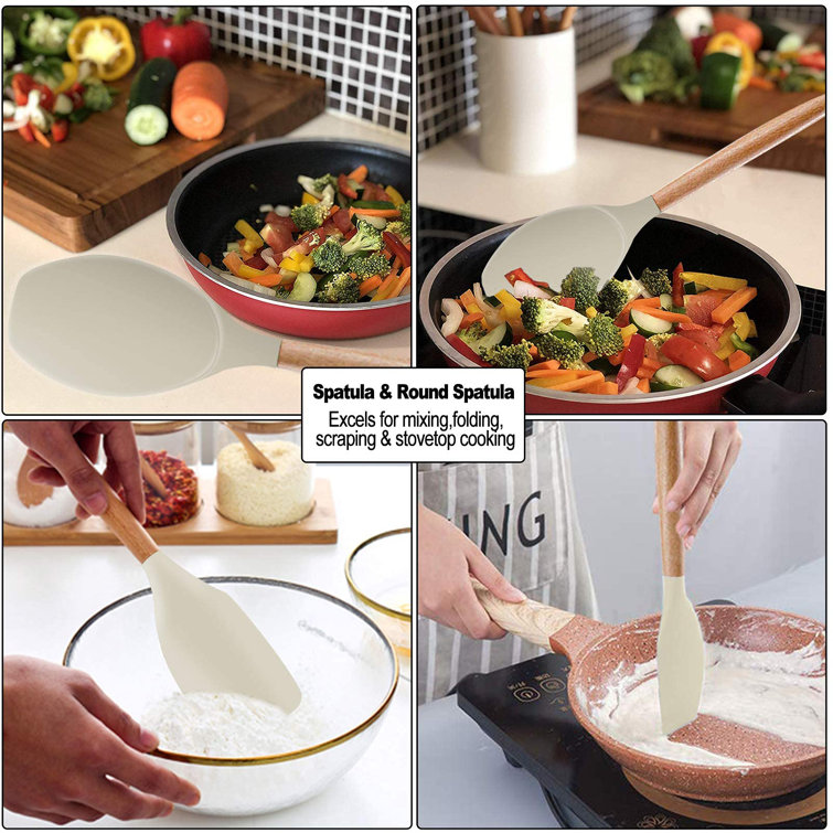 Silicone Kitchen Utensils Set Cooking Utensils - SZBOB Heat Resistant/Non-Stick/Non Toxic/BPA Free Silicon Spoons Spatula Whisk Tongs Wooden Handle