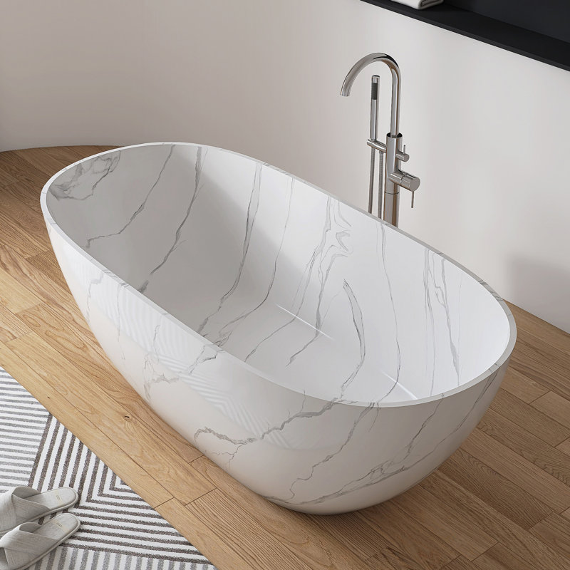63" x 30" Solid Surface Stone Resin Freestanding Bathroom Soaking Bathtub, White