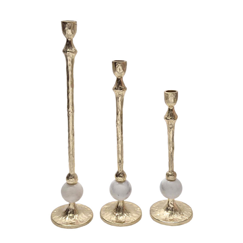 S/3 Gold Aluminum Taper Candle Holders With Round White Marble Accents L:D4x18" M:D4x14.5" S:D4x11.5"