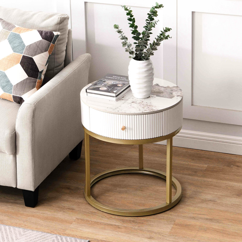 Table d'appoint 19,68 pouces avec rangement - Pierre frittée et structure métallique ronde pour chambre à coucher