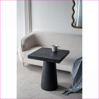 Table basse noire en magnésium - plateau carré aux lignes épurées, base piédestal arrondie, polyvalente pour le salon / la table de chevet