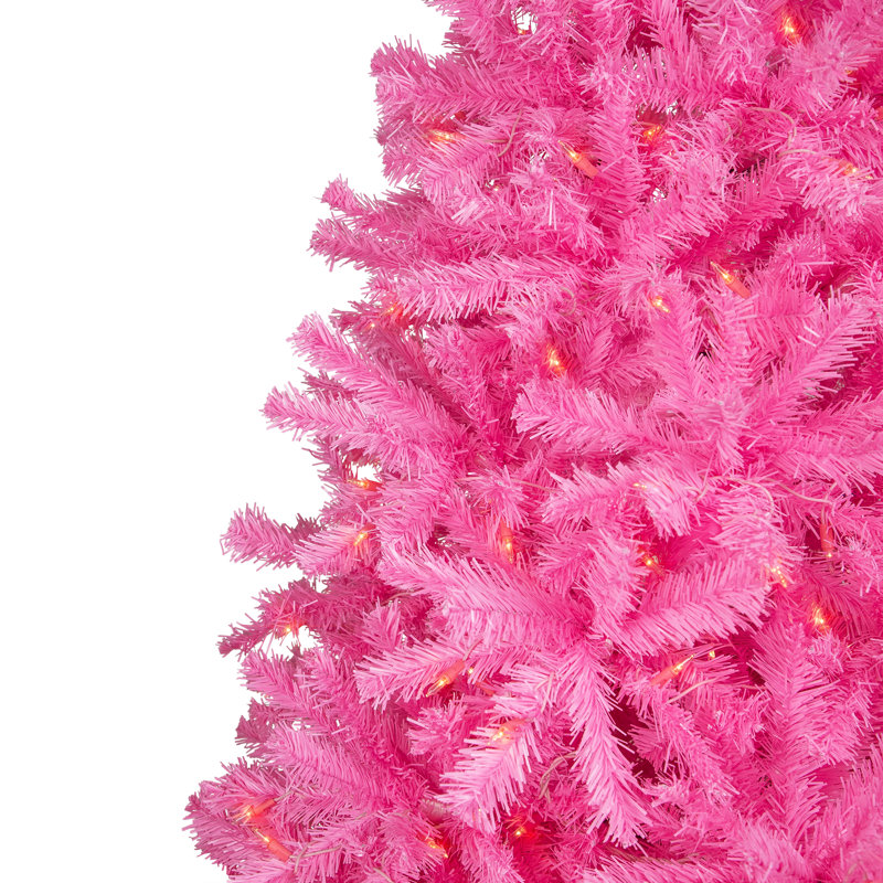 Pre-Lit Medium Artificial Pine Christmas Tree - Pink - Clear Lights, 7'