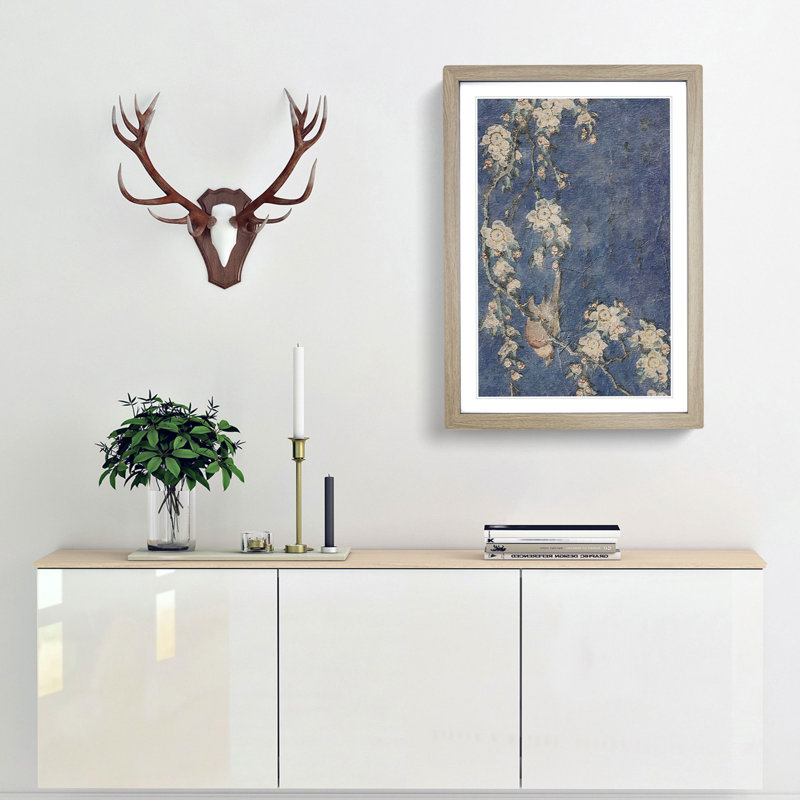 Bullfinch and Weeping Cherry Blossoms by Katsushika Hokusai - Picture Frame Painting Print on MDF, 36cm H x 27cm W x 2cm D
