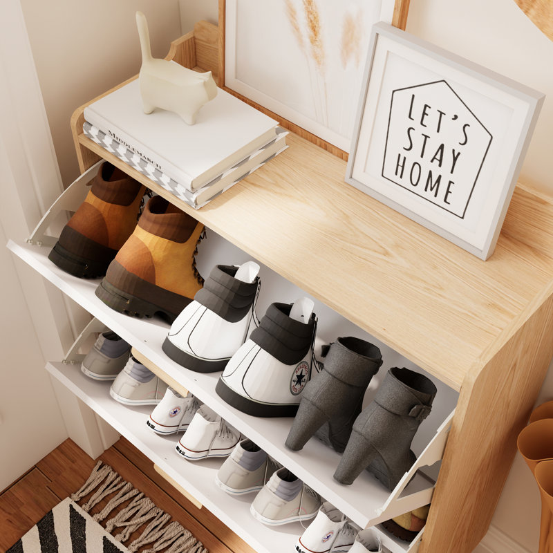 31.5 Inch Nordic Style Shoe Storage Cabinet With 2 Flip Drawers, Freestanding Organizer With Solid Wood Legs For Entryway, Narrow Shoe Rack Cabinet (White And Solid Wood Color Matched)