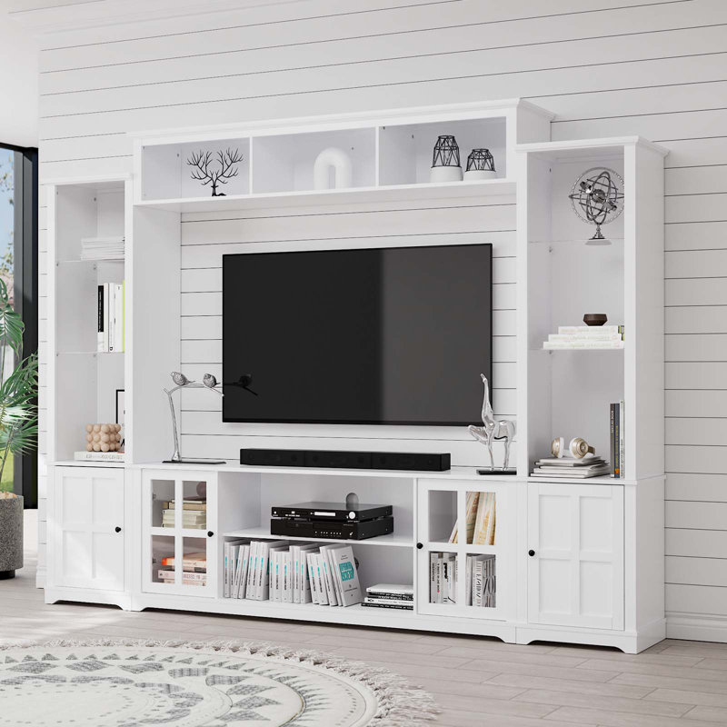 4 Piece Wall Unit Tv Stand With Bookshelf, Modern Tv Console Table Media Large Entertainment Center With Open Shelves For Tvs Up To 65", Living Room Wine Cabinet Display Cabinet, White