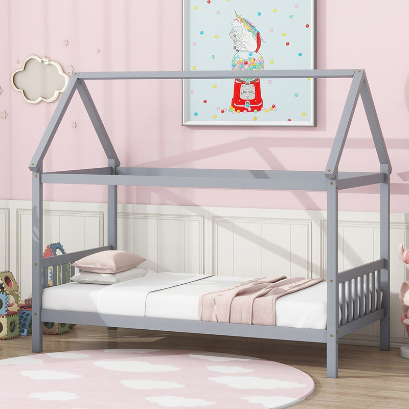 Lit simple avec toit, lit en bois massif avec tête et pied de lit, Gris