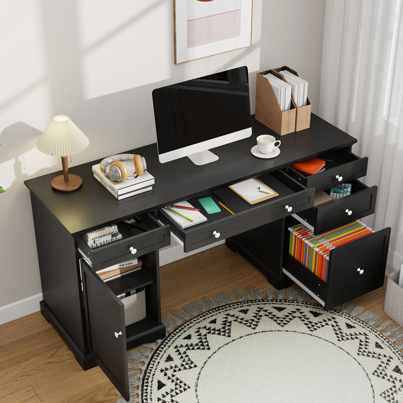 Bureau d'ordinateur 60 po avec rangement, bureau à domicile en bois avec tiroir et armoire