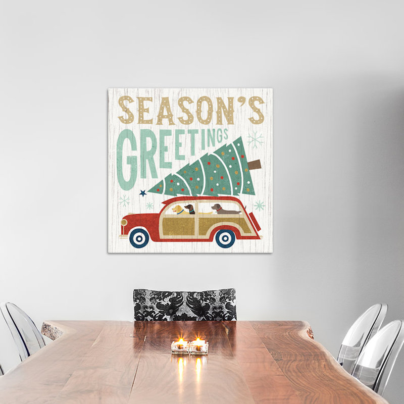 Art sur toile tendue, "fêtes on wheels series : greetings" , art textuel sur toile tendue, H 12 po x l 12 po x P 0,75 po