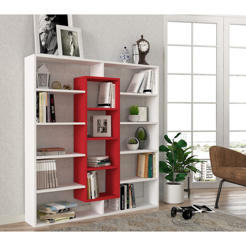 Angelien 53.43'' H x 49.21'' W Geometric Bookcase, White/Red