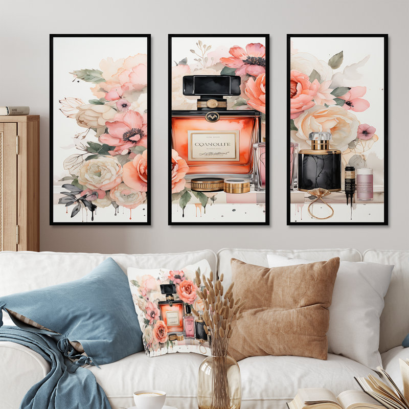 «Pink Fragrant Impressions Perfumes», art mural parfums, H 28 po x l 36 po, Cadre flottant noir