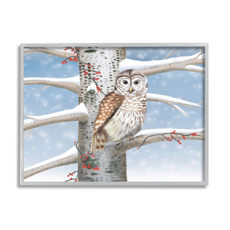 «Snowy Birch Tree Owl» encadré sur bois par Caro Windmuller, impression, H 11 po x l 14 po, Estampe numérique Farmhouse