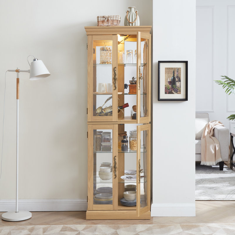 Light oak lighted glass curio cabinet | wood frame display case | wine & toy storage | for living room, kitchen, pantry | bulb included