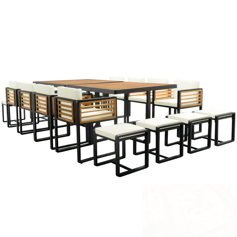 18-Pieces  Patio Dining Set with 8 Cushioned Chairs, 8 Ottomans and 2 Square Table, Beige
