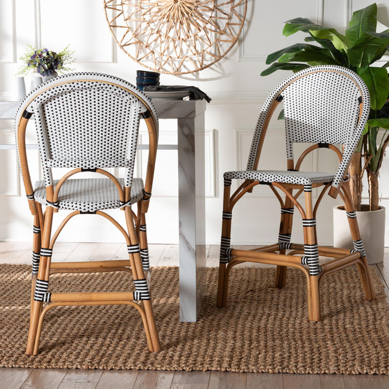 Billingslee Bali & Pari Genica Classic French Two-Tone Weaving And Natural Rattan 2-Piece Counter Stool Set, Black/White