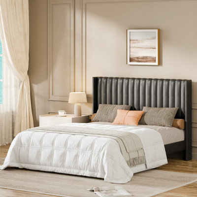 Upholstered Platform Bed Frame with Vertical Channel Tufted Wingback Headboard