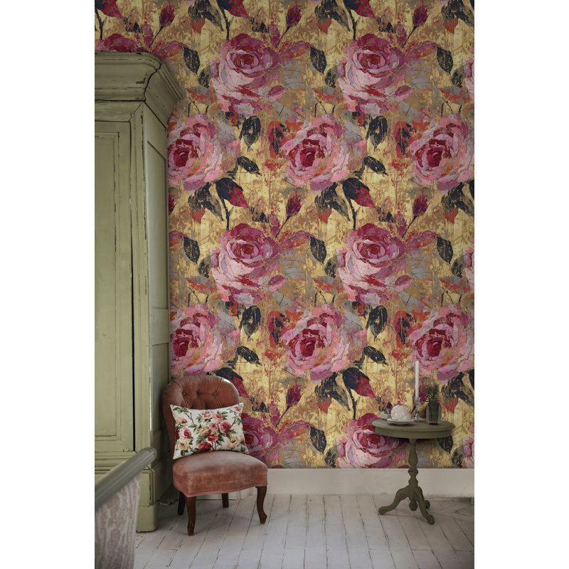 Papier peint adhésif rose rose avec feuille d'or amovible