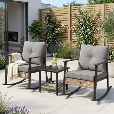 Jessie 3-Piece Wicker Patio Rocking Chair Set with Cushions & Coffee Table for Porch or Balcony