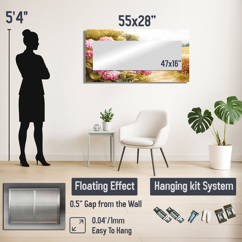 Hortensias dans le champ de maïs - Art mural miroir floral - imprimé sur métal, 28 po x 55 po