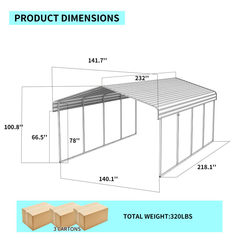 Galvanized Steel Carport, 12X20x8.4, 8.4' H x 19.33' W x 11.68' D