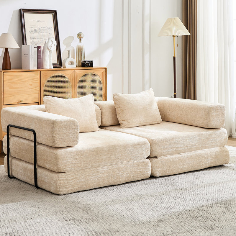 Compression, 2 places, modulaire désossé, lit convertible, sans assemblage, beige, modulaire au sol pour salles de jeux, tissu chenille, petits appartements