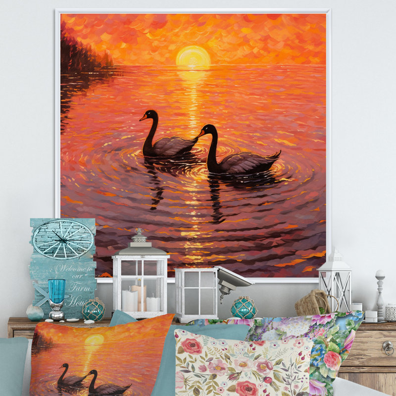 Cygnes amoureux, coucher de soleil romantique, Cadre flottant blanc, H 36 po x l 36 po