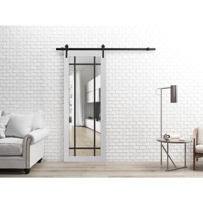 Porte de grange robuste en verre trempé transparent Lucia 2266 Blanc Soie de 2 m (6,6 pi) avec rails noirs et quincaillerie renforcée. Porte intérieure moderne à panneaux pleins - 71 cm x 203 cm (28 po x 80 po) - Verre transparent - Rail noir