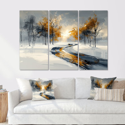 Or et blanc route givrée en hiver III - ensemble de reproductions d'art mural paysage d'hiver