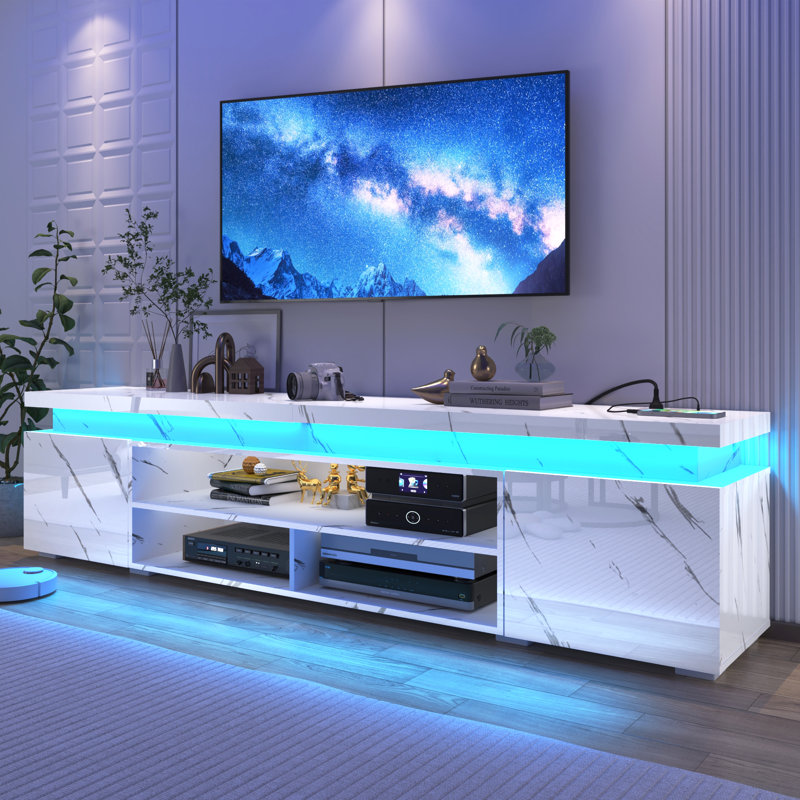 Meuble télé 83 po pour téléviseur de 95 po ou moins avec prises de courant, ports USB et bandes lumineuses à DEL de 83 po