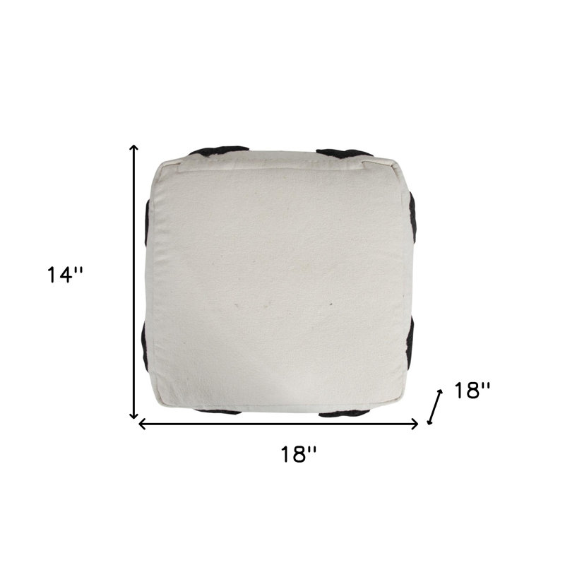 Ivory and Black Diamond Tufted Square Pouf Ottoman, 18" x 14"