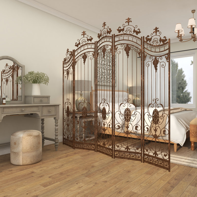 Metal Hinged Foldable Arched Partition 5 Panel Partition Room Divider Screen with Acanthus Design