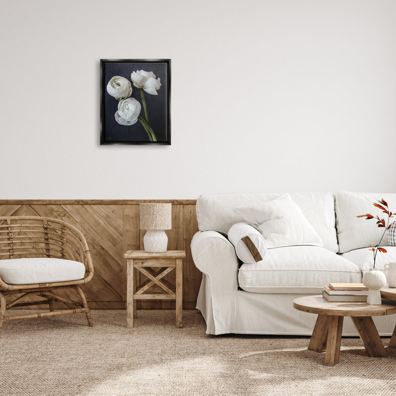 «Chic Ranunculus Flower Blossoms Modern Arrangement», photographie sur toile, Cadre flottant noir de jais