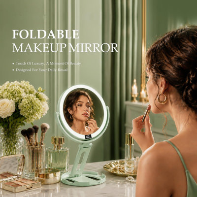Miroir de voyage avec lumières, miroir grossissant à double face 1X / 30X, vert / 1pc