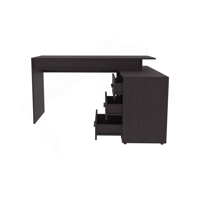 Bureau, wengé noir, 3 tiroirs, 4 pieds, 2 tablettes