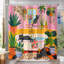 Mignon chat, rideau de douche Dopamine Illustration, plantes tropicales amusantes, chaton noir, décor de salle de bain coloré, rose 72 x 72 po