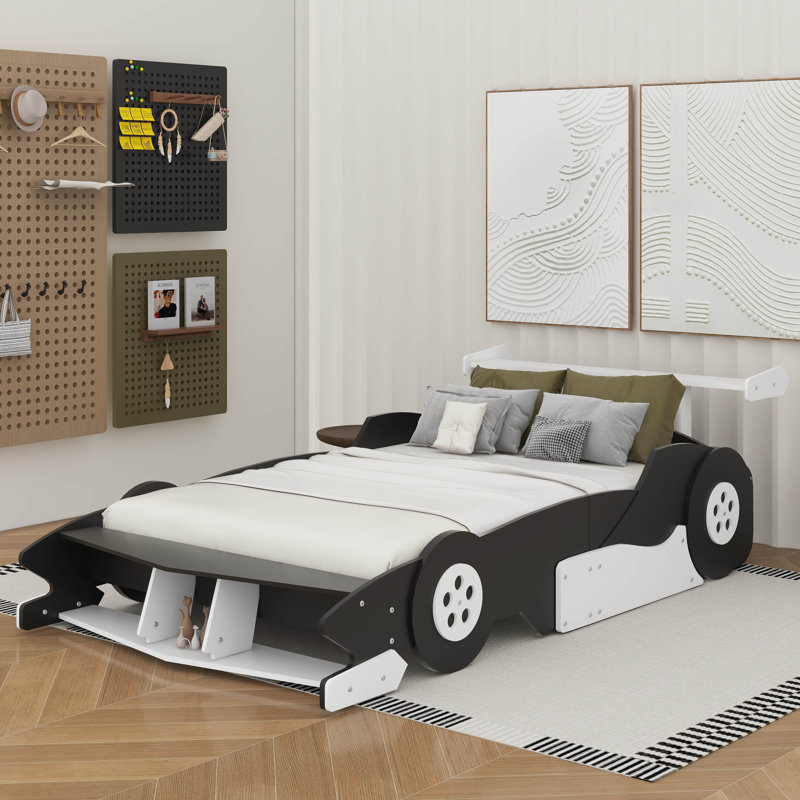 Lit plateforme pleine grandeur en forme de voiture de course avec roulettes, Noir, Lit double