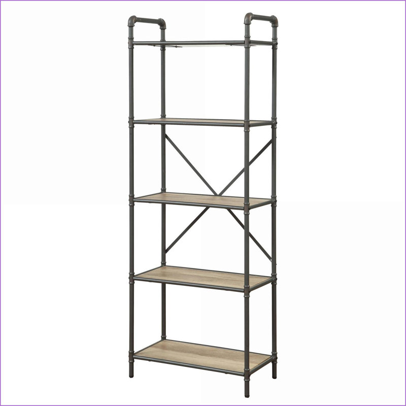 Bookshelf, Industrial Walnut Brown &amp; Light Gray 5 Fixed Shelves Open Storage | Wood+Metal | Open Back, Natural/Gray