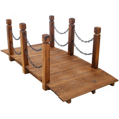 5 FT Wooden Garden Bridge, Stained Wood Arc Footbridge With Chain Railings For Backyard Creek Farm, Decorative Pond Bridge, Easy To Assemble (Brown)