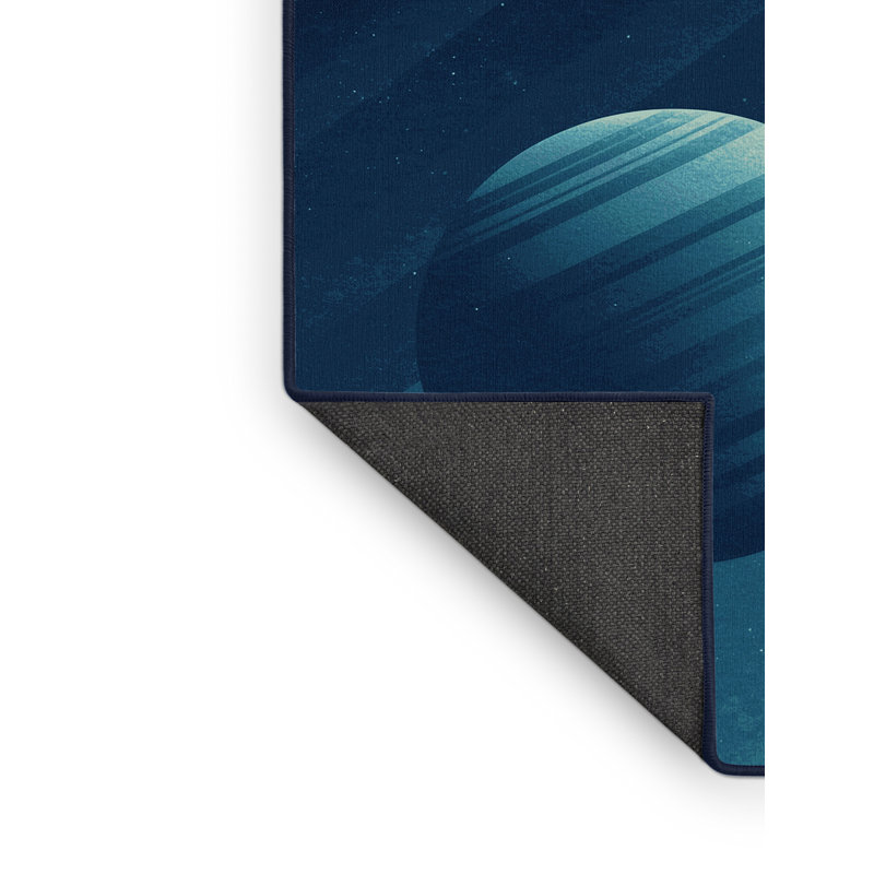 Soft Plush Menahan Exoplanet Illustration Modern & Contemporary Striped Area Rug in Blue – Navy Binding, 5x7