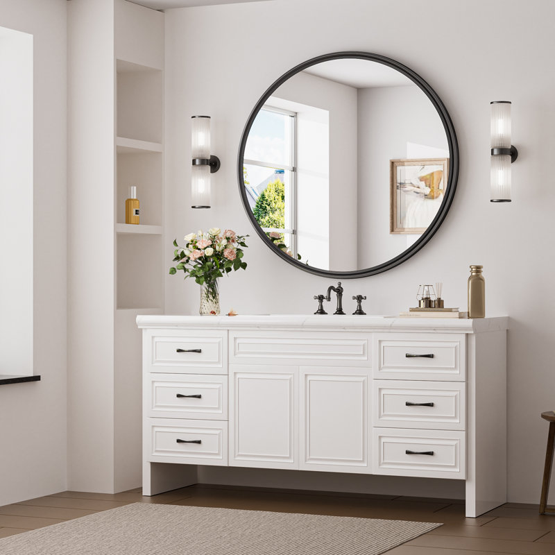 Evangelista Aluminum Alloy Framed Tempered Glass Round Wall Mirror, Matte Black, 30" x 30"