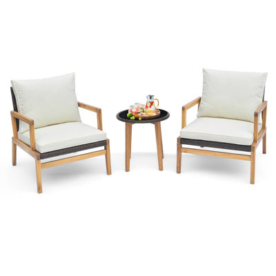 3 Piece Patio Conversation Set Wicker Chair & Side Table Set W/ Soft Cushions