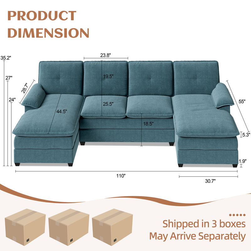 Rezarta 3-Piece Upholstered Sectional, Turquoise Linen Blend