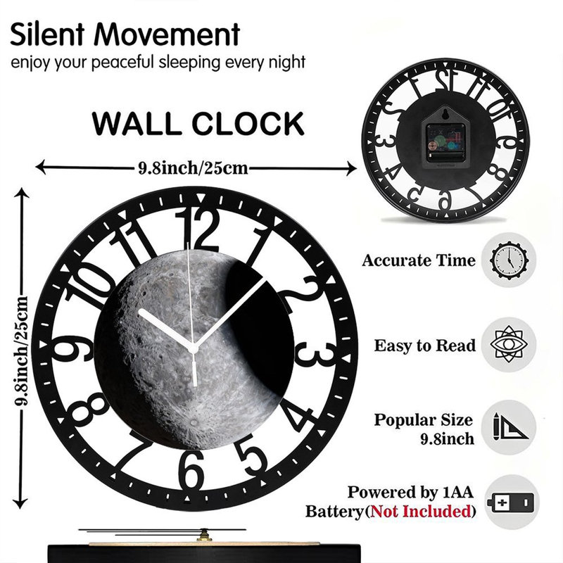 Horloge murale ronde en fer 10 po avec mouvement à quartz silencieux, chiffres arabes, impression UV, Croissant décroissant