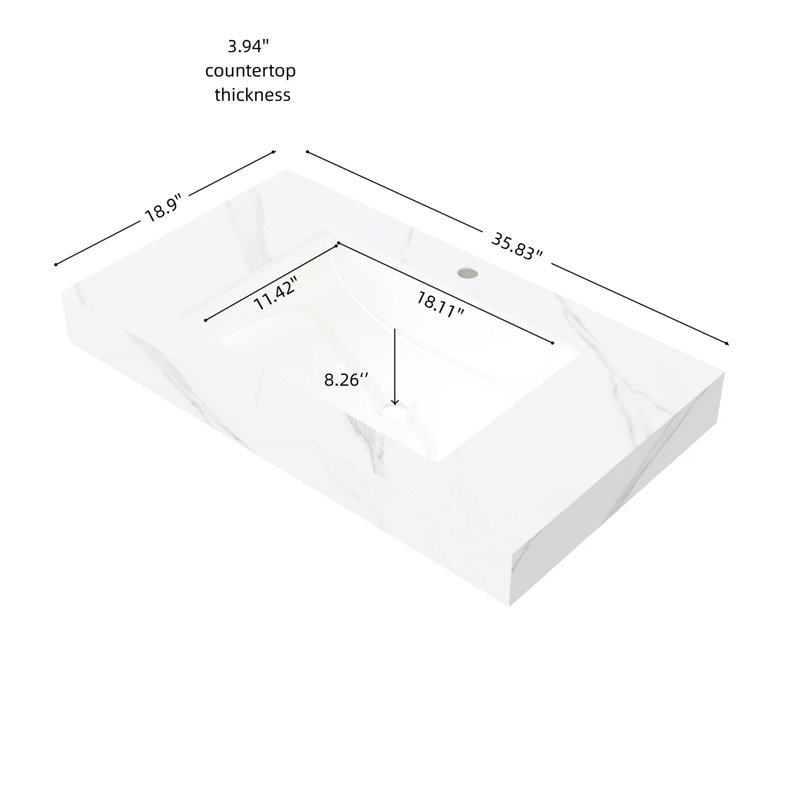 Comptoir en pierre frittée blanche et lavabo encastré en céramique, 91,4 cm (36 po), un trou pré-percé pour robinet, résistant aux égratignures et au feu, largeur 47,5 cm (18,7 po), longueur 25,6 kg (56,46 lb).