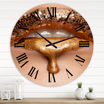 Close-Up Make-Up Of Gold Liquid Lips - Modern wall clock