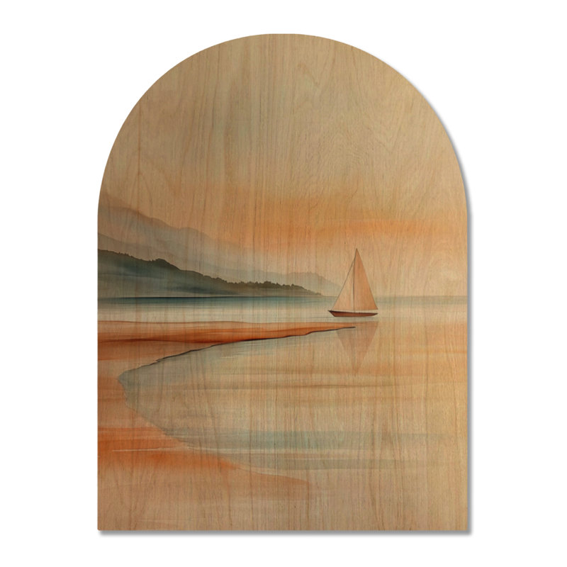 Bord de mer avec voilier au coucher du soleil III - Décoration murale en bois arqué orange de style côtier, H 24 po x l 18 po