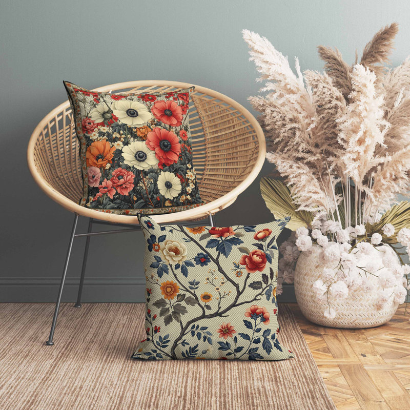 Coussin en simili suède à motif floral, Carré 16 po, Rouge/beige/orange