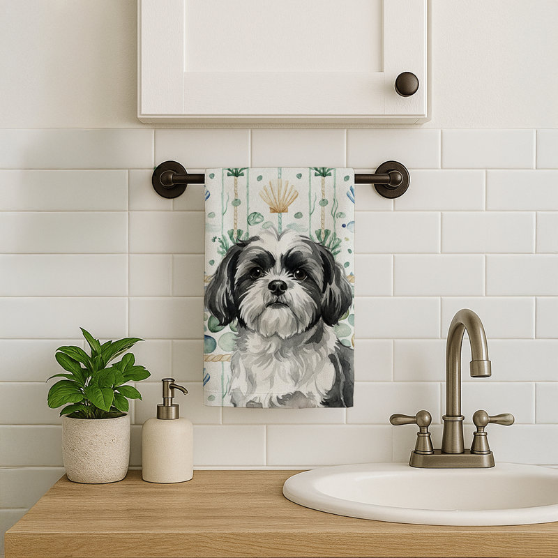 Black and White Shih Tzu Coastal Sea Glass Kitchen Towel, Black and White Shih Tzu