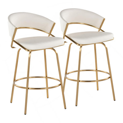 Jie Fixed-Height Contemporary Counter Stool With Swivel In Gold Metal And White Faux Leather With Round Footrest By Lumisource - Set Of 2