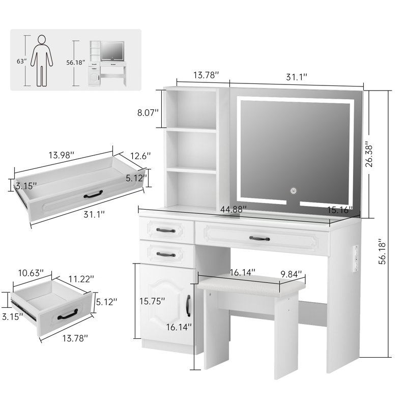 Makeup Vanity Set with Glass Tabletop & LED Lighted Mirror & Adjustable Brightness & 3 Drawers & Cabinet & Shelves & Outlets