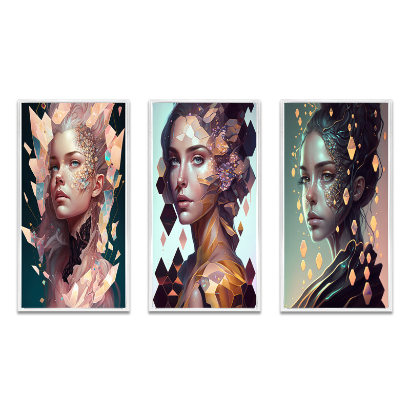 «Crystal Hexagon Woman», 3 pièces sur toile, Cadre flottant blanc, H 28 po x l 36 po